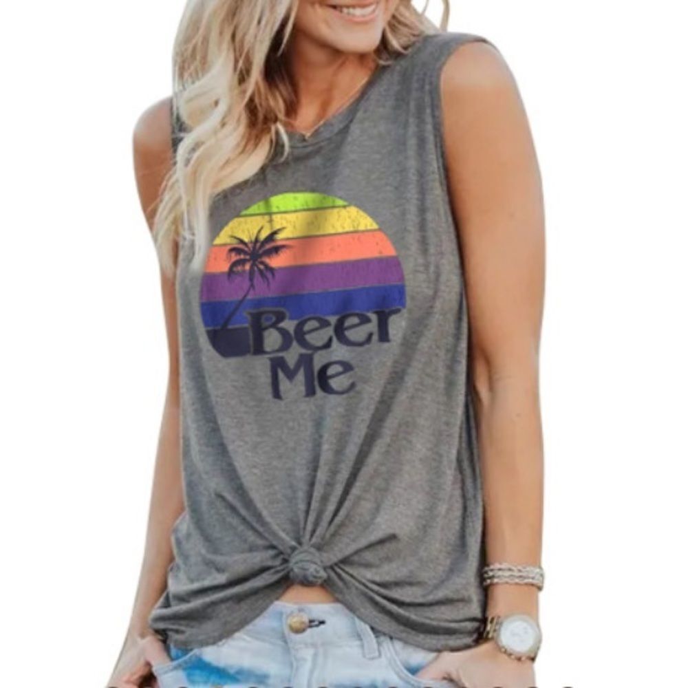 Crew neck sleeveless tee shirt Beer Me casual gray tank